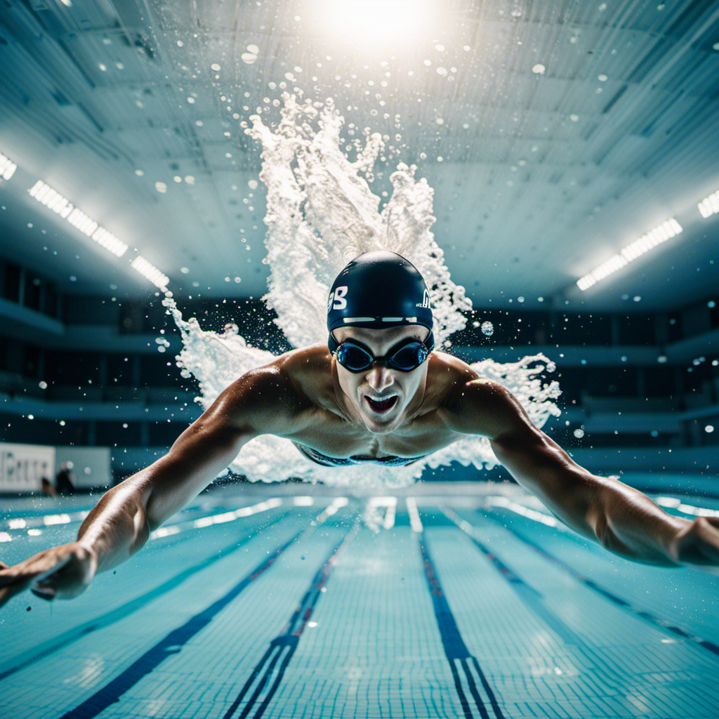 A visual of a swimmer mid-dive, their body gracefully arched in the air, water droplets frozen in motion around them
