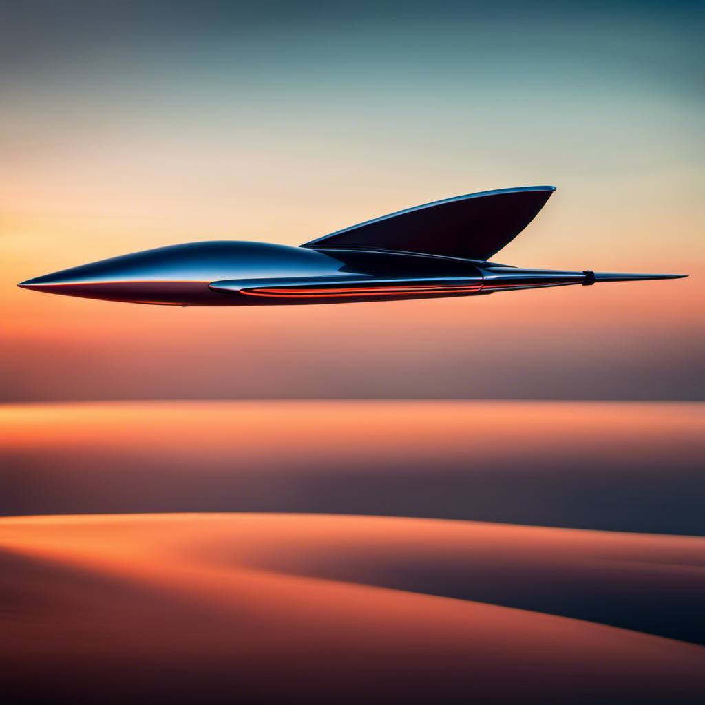 An image showcasing the sleek and aerodynamic design of the Jet Glider, with its glossy metallic body reflecting the vibrant sunset sky, as it effortlessly soars through the air with precision and grace