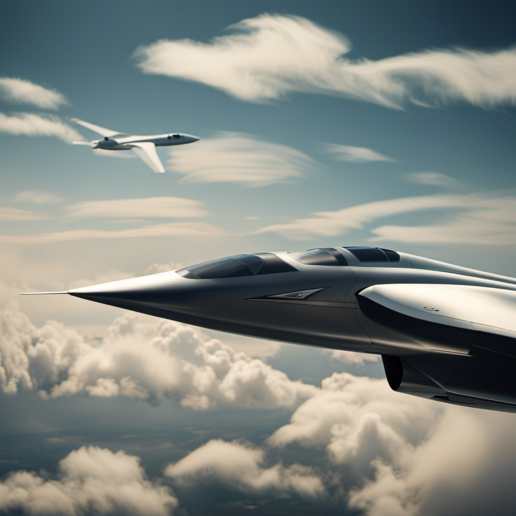 An image showcasing a sleek, supersonic jet soaring through the sky alongside a graceful glider, highlighting their contrasting shapes and aerodynamic features