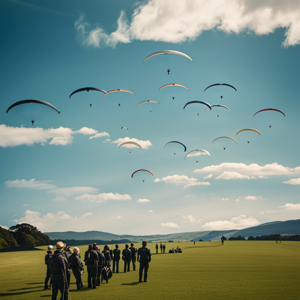 An image showcasing a group of gliders soaring through a clear blue sky above a picturesque landscape, while enthusiastic gliding enthusiasts, dressed in flight gear, eagerly gather around the runway of a gliding club