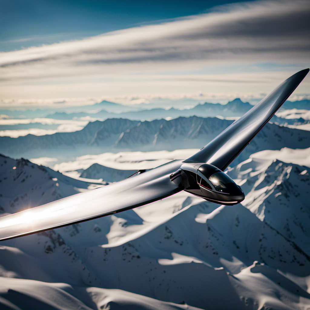 An image showcasing the sleek, carbon-fiber frame of the K8 Glider, glistening in the sunlight as it effortlessly soars through the clouds against a backdrop of majestic snow-capped mountains