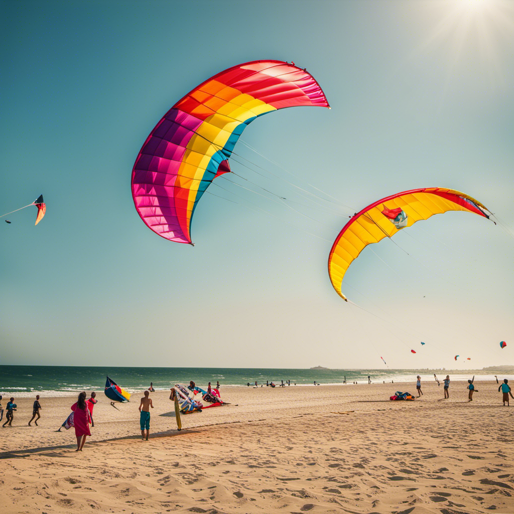 An image capturing the exhilarating thrill of kite gliding: a vibrant, sun-kissed beach backdrop, a colorful kite soaring high above, its tail gracefully swirling in the wind, while a gleeful glider effortlessly navigates the skies