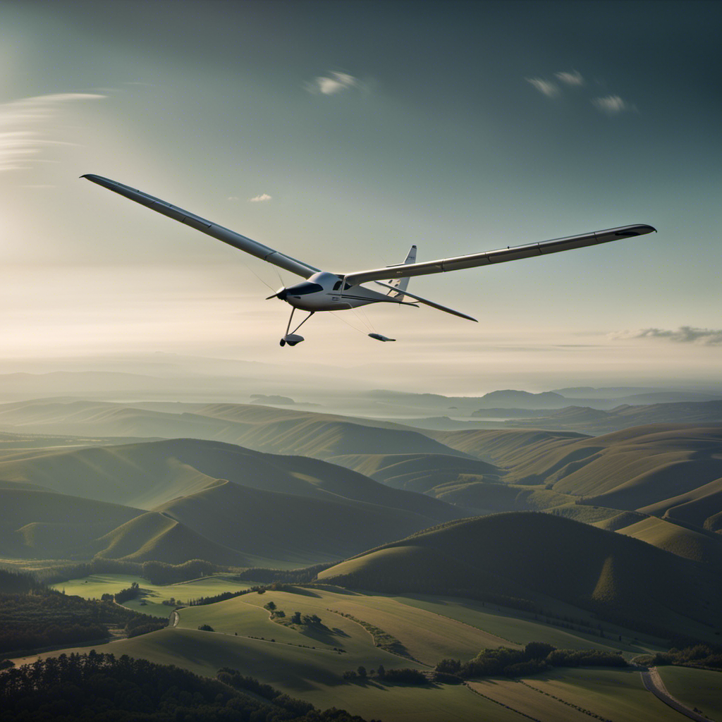 An image capturing the exhilarating moment of a glider soaring through the sky, with the pilot's hands delicately maneuvering the controls, the wind gracefully caressing their face, and the vast landscape stretching out beneath them