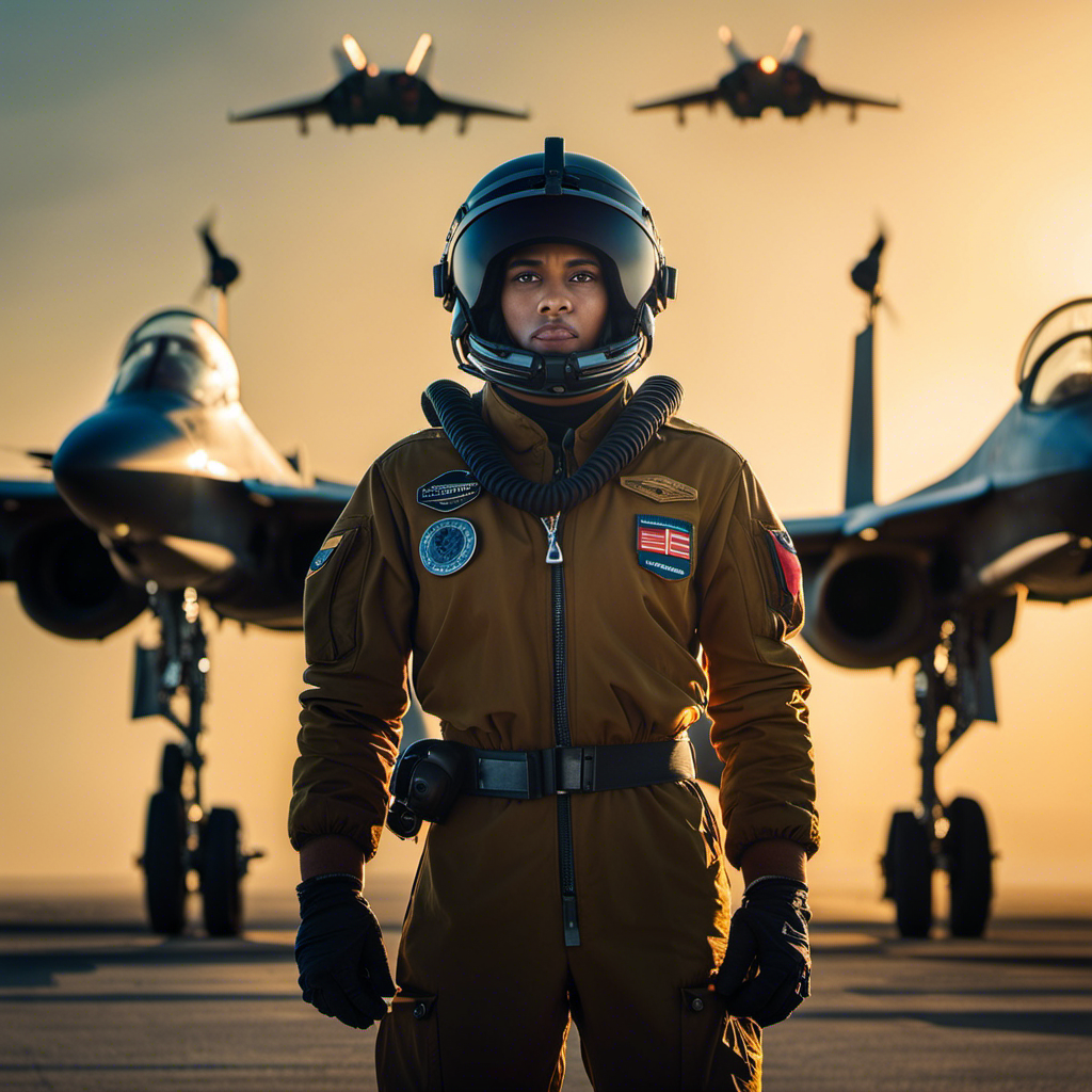 An image that captures the essence of Academy Pilot Training: a determined recruit, clad in a flight suit, standing tall against a backdrop of a radiant sunrise, with a squadron of sleek jets soaring triumphantly in formation overhead