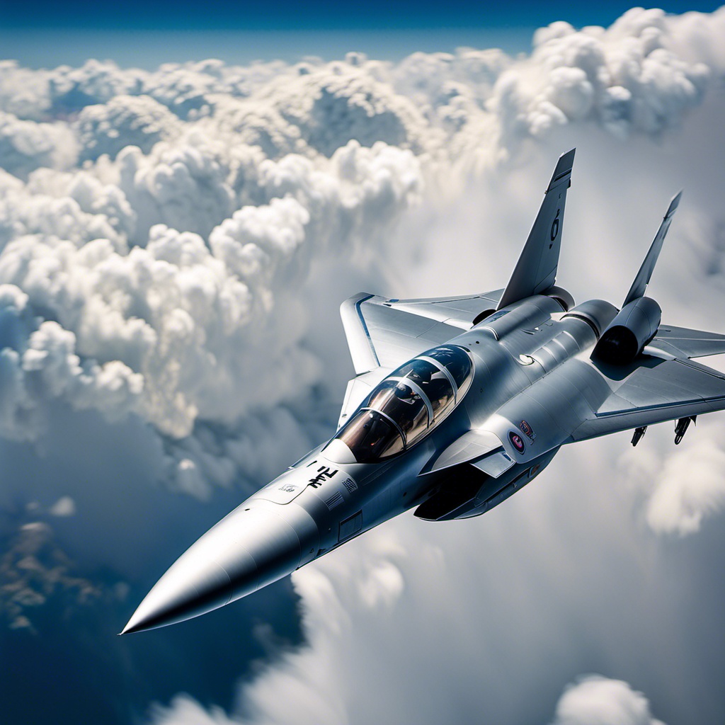 An image capturing the awe-inspiring sight of a sleek, silver fighter jet soaring through the cobalt sky, leaving a trail of billowing white clouds in its wake, symbolizing the exhilarating journey of Academy Pilot Training