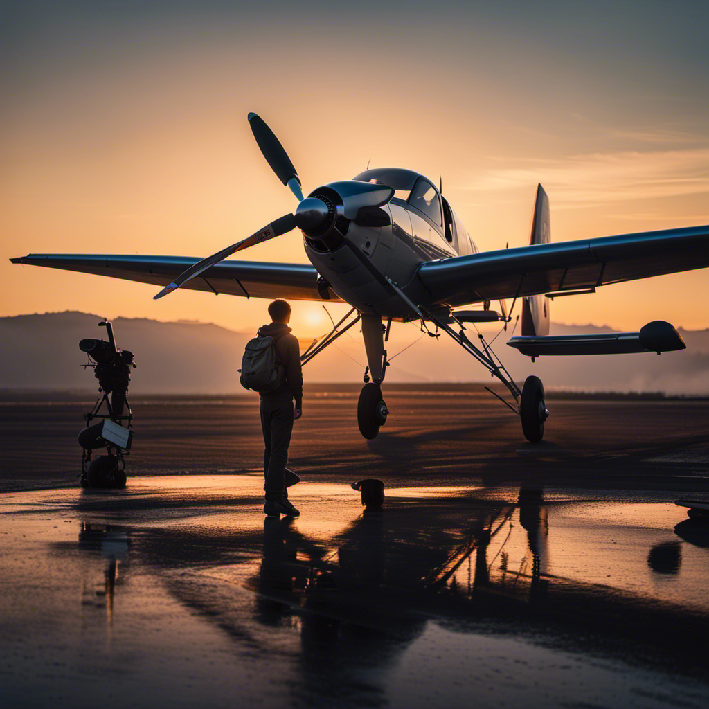 An image capturing a breathtaking horizon at sunrise, showcasing a young aviator standing proudly beside a small aircraft, their hand on the cockpit, embodying the essence of limitless dreams and the perfect age to obtain a pilot license