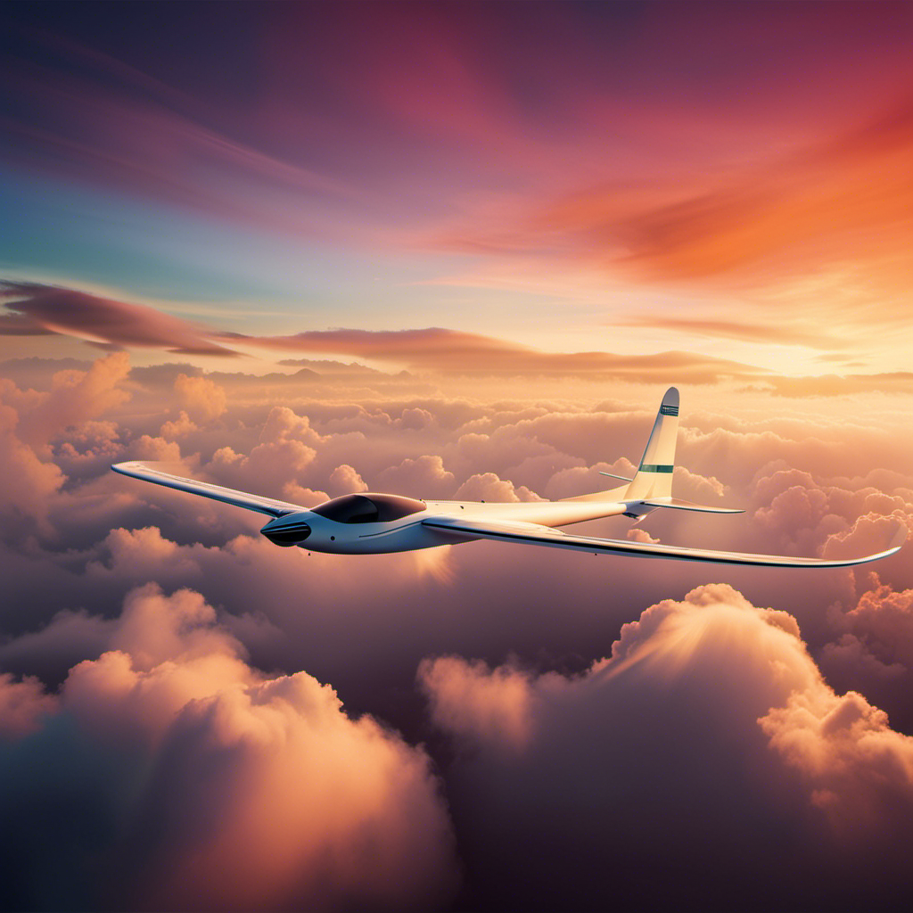 An image showcasing a glider soaring gracefully through the cloud-dappled sky, its sleek silhouette contrasting with the vibrant hues of the sunset