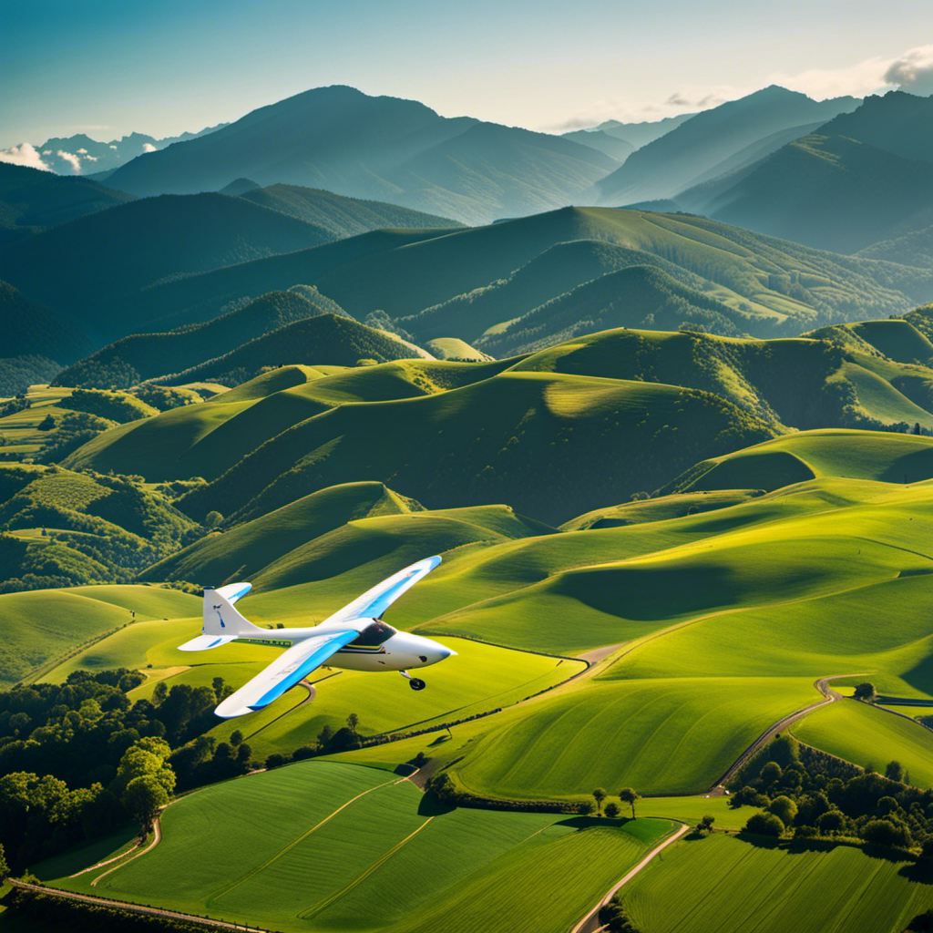 An image showcasing a picturesque mountain range in the background, with a glider soaring gracefully through the clear blue sky