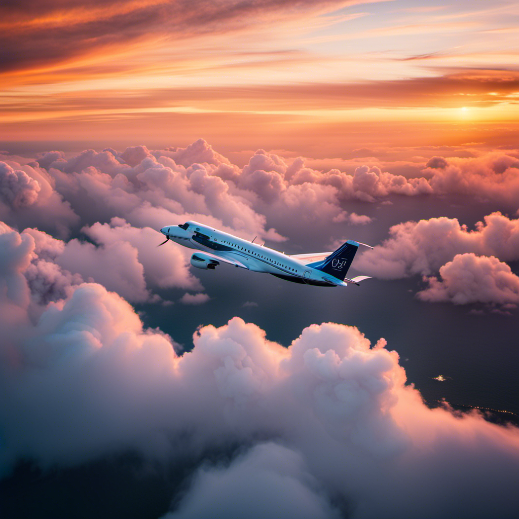 An image showcasing a vibrant sunset sky as a backdrop, with a picturesque small aircraft soaring gracefully amidst fluffy white clouds, capturing the excitement and beauty of local flight classes near your area
