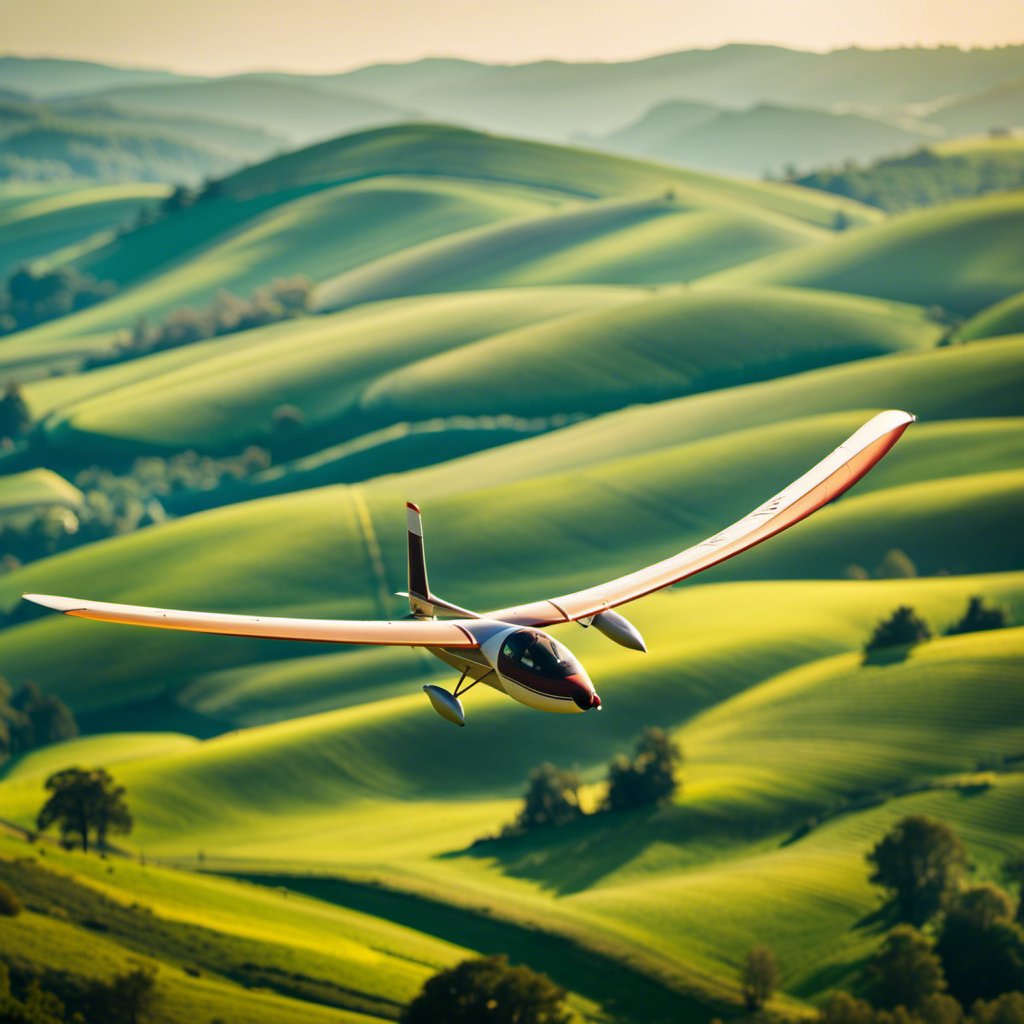 the serene beauty of glider flying with an image of a vibrant glider soaring gracefully through a clear blue sky, against a backdrop of rolling hills and lush green fields