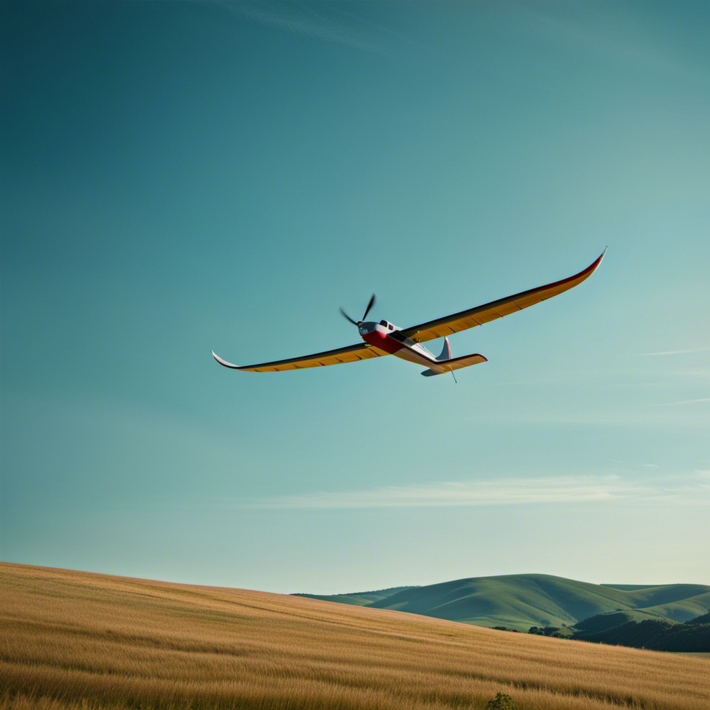 An image showcasing a serene, picturesque landscape with a glider soaring gracefully through the clear blue skies
