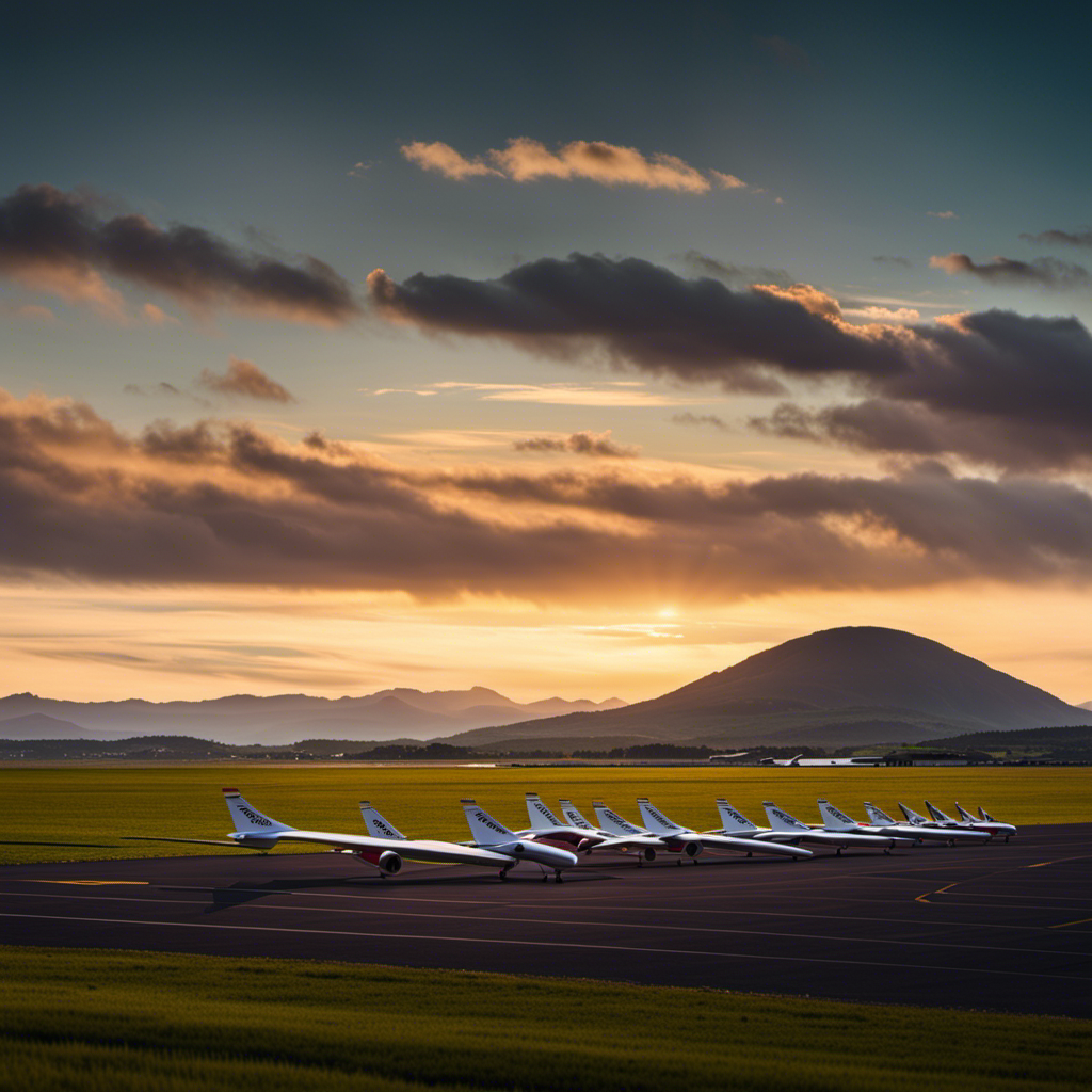 an image showcasing a picturesque airfield at sunset, with a fleet of sleek gliders lined up on the grassy runway, surrounded by rolling hills and a distant mountain range