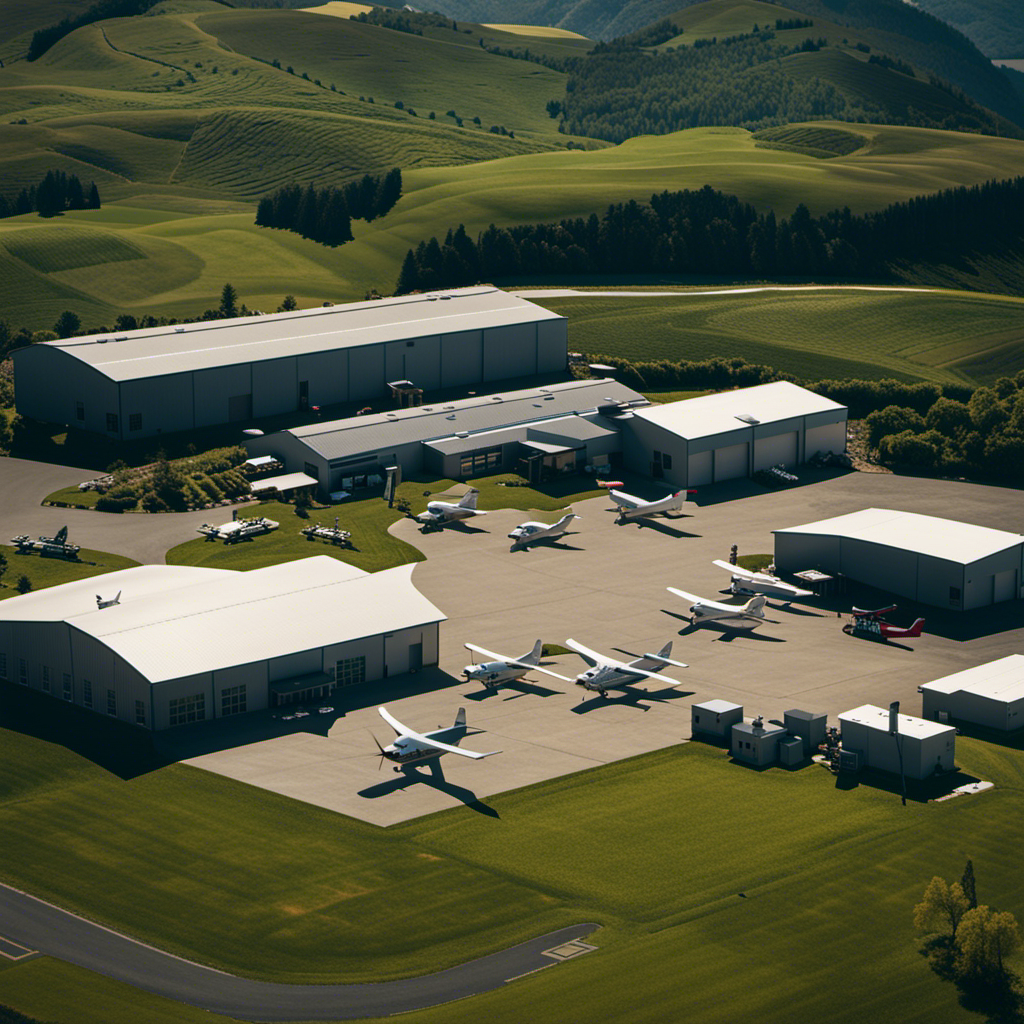 An image showcasing a picturesque aerial view of a local flight school nestled amidst verdant rolling hills, with small planes lined up on the tarmac, ready for takeoff