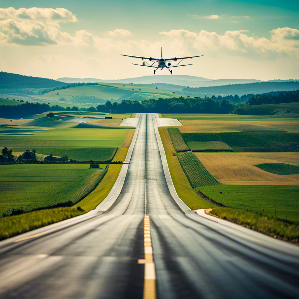 An image capturing the thrill of flight, depicting a picturesque local airstrip nestled amidst rolling green hills, with colorful planes taking off and landing, against a backdrop of a clear blue sky