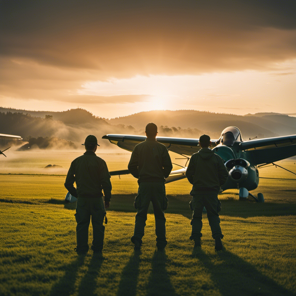An image showcasing a vibrant sunrise over a picturesque airstrip, nestled amidst rolling green hills