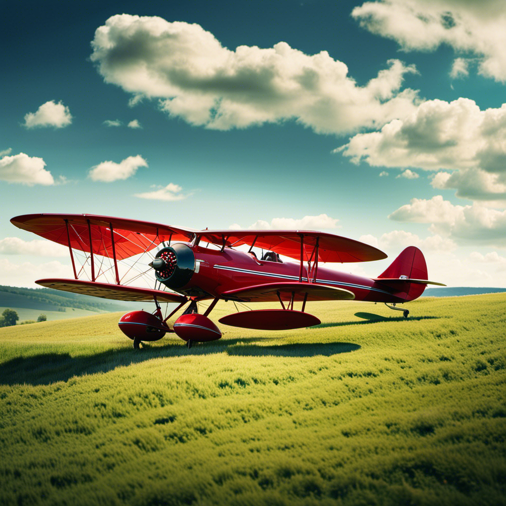 An image of a picturesque countryside, capturing a vibrant red biplane soaring gracefully through the clear blue sky, as it navigates through rolling green hills and passes over a quaint airport nestled amidst the idyllic landscape