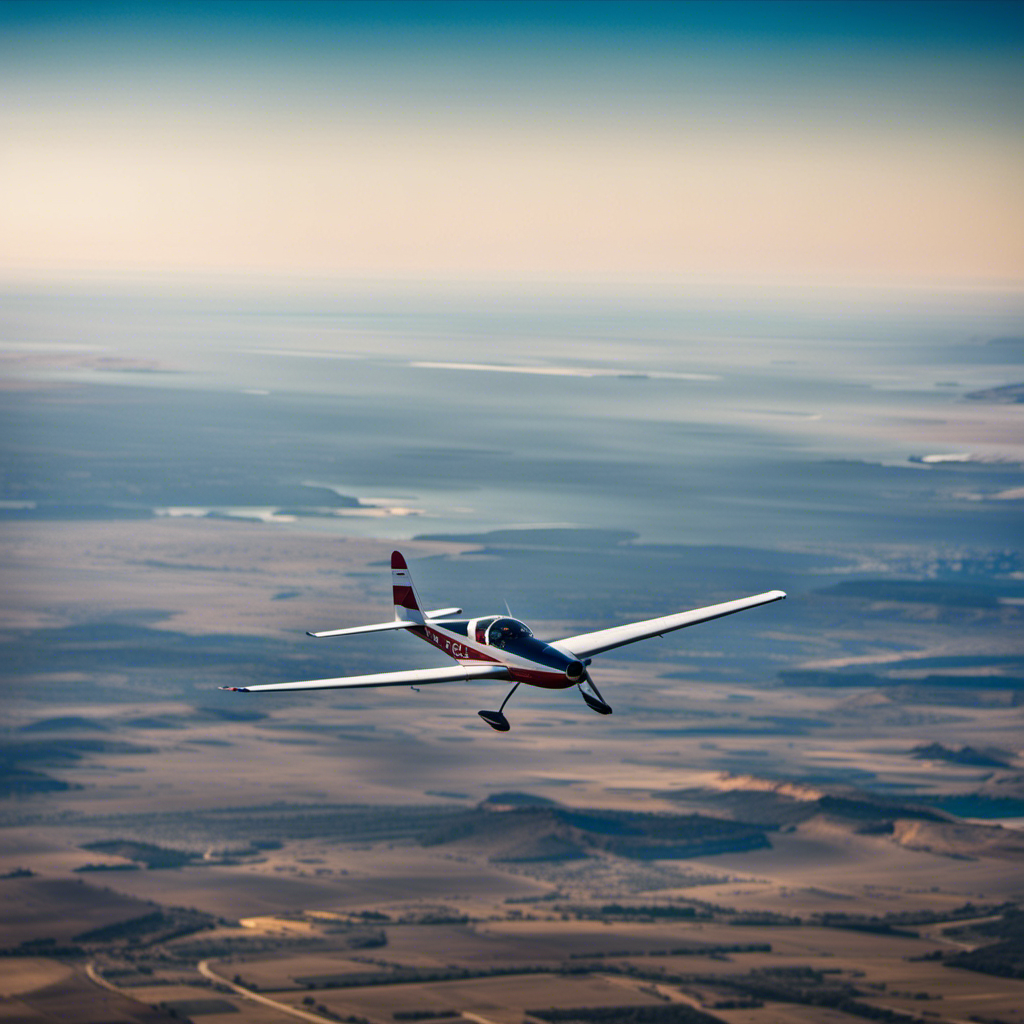 An image capturing the serene beauty of a glider plane soaring effortlessly over the vast Texas landscape, with the Lone Star State's iconic landmarks like the sprawling plains, rolling hills, and shimmering rivers serving as a breathtaking backdrop