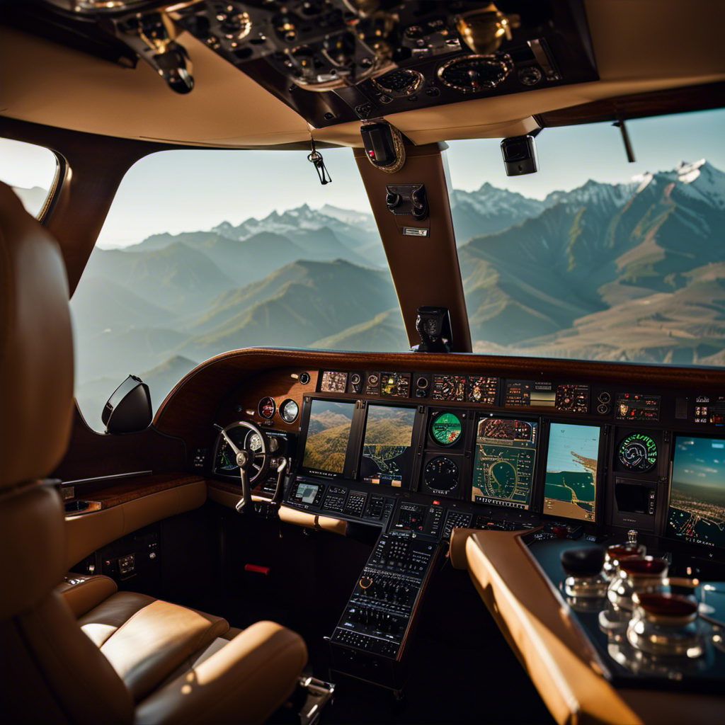 An image capturing the opulent experience of learning to fly a private plane at Luxury Heights, with a sunlit cockpit showcasing plush leather seats, gleaming control panels, and panoramic views of majestic mountains