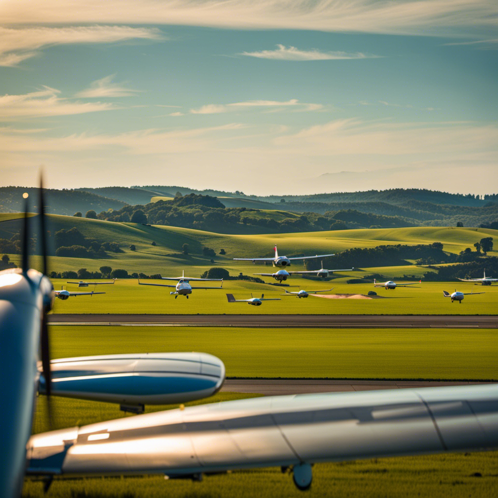 An image showcasing a serene landscape with rolling hills, a clear blue sky, and a small airfield nestled in the distance