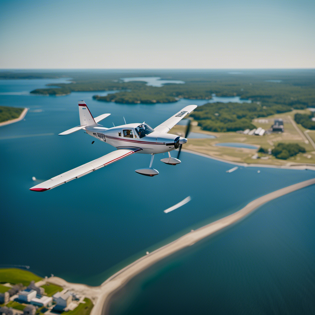 An image that captures the essence of Massachusetts aviation: a small plane soaring through a clear blue sky above the picturesque landscape, showcasing the state's iconic landmarks like Cape Cod, Boston skyline, and historic lighthouses
