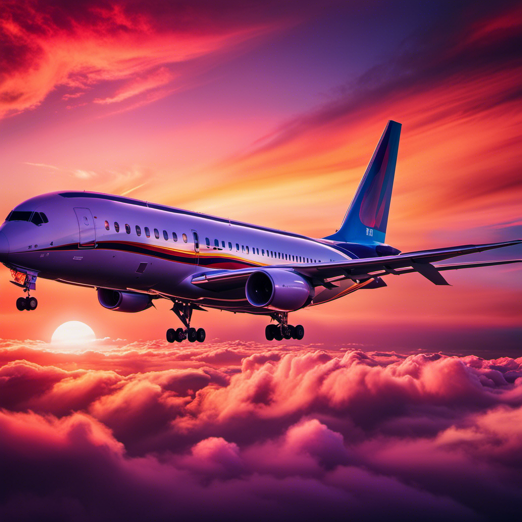 the awe-inspiring moment as a majestic airliner soars gracefully through a vibrant sunset sky, its wings painted with the vibrant hues of the twilight, symbolizing the extraordinary life of an aeronautical pilot