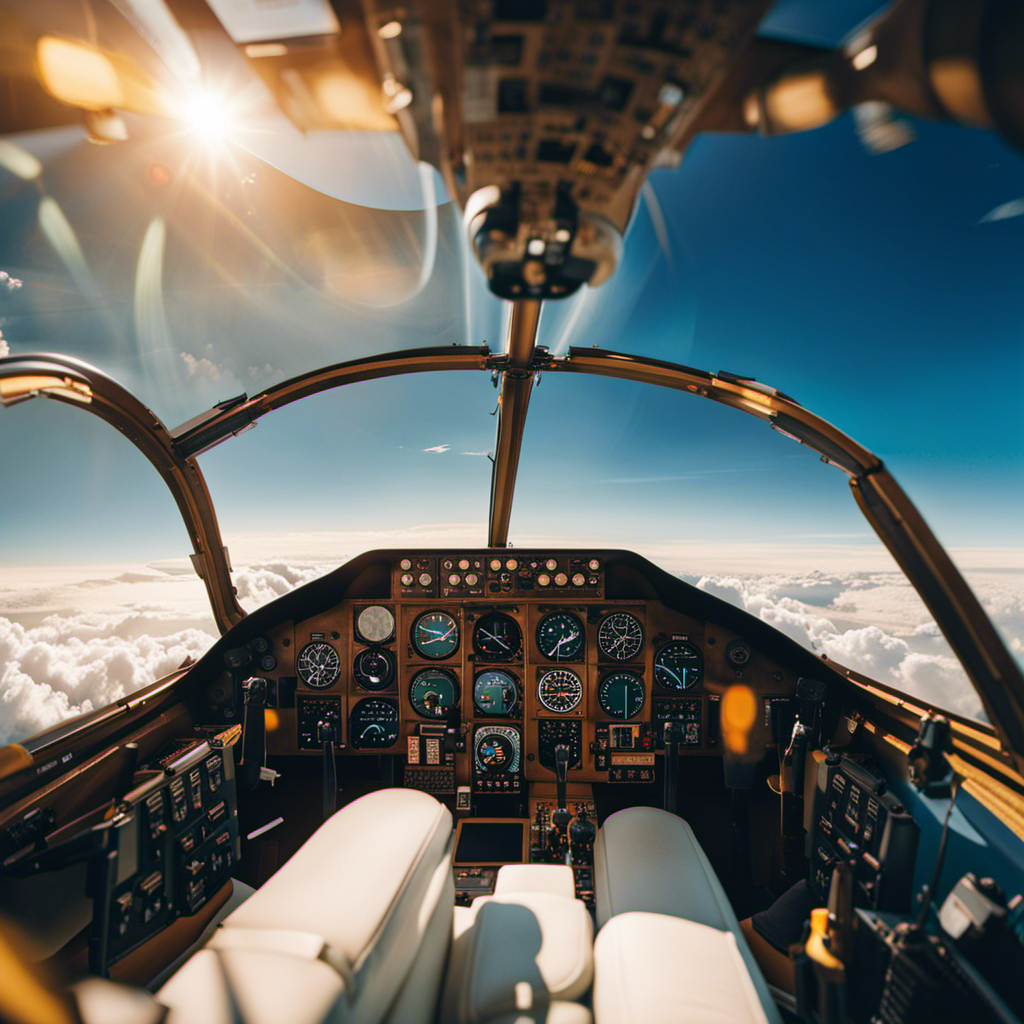 An image capturing the exhilaration of an aeronautical pilot's life: a cockpit immersed in golden sunlight, the pilot's hands firmly gripping the controls, while the aircraft soars through a vibrant blue sky adorned with fluffy white clouds