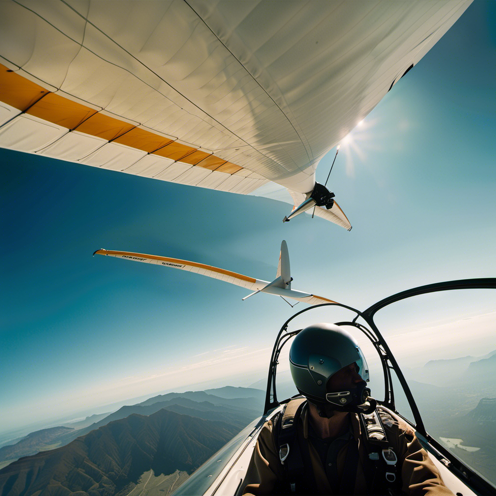 An image capturing the exhilarating moment of a glider soaring through a clear blue sky, with the pilot's focused expression visible through the transparent cockpit canopy, surrounded by the majestic landscape below
