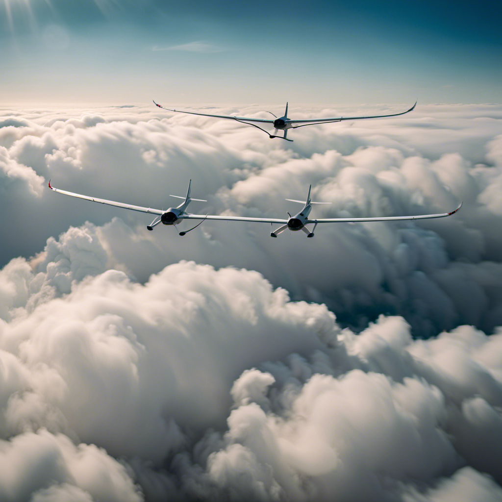 An image showcasing the intricate dance of two gliders executing a flawless barrel roll high above the clouds, accentuating their graceful curves and synchronized movements, epitomizing the essence of mastering glider flight maneuvers