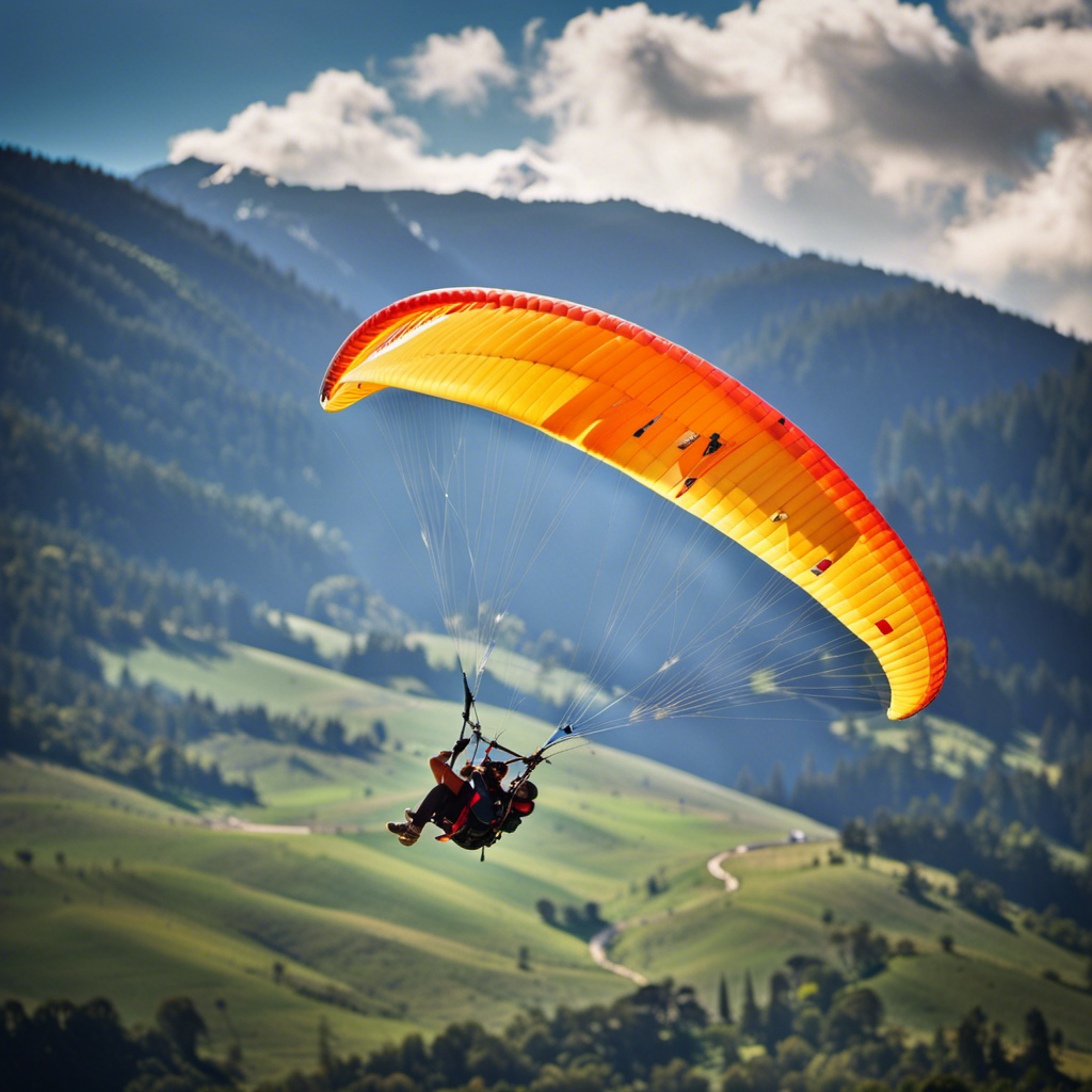An image showcasing a skilled paraglider soaring high above the picturesque mountains, effortlessly maneuvering through the crisp blue sky, capturing the sheer thrill and serenity that comes with mastering paragliding
