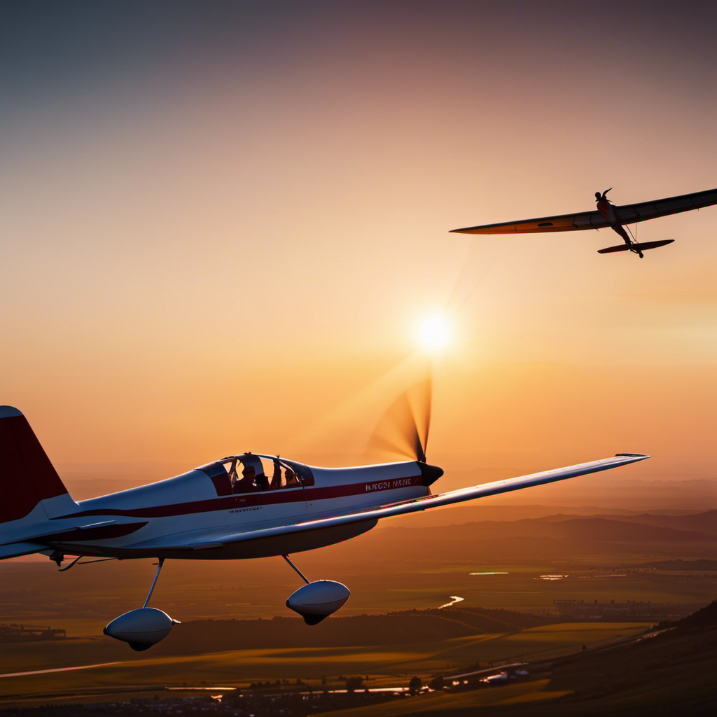 An image showcasing a skilled glider pilot gracefully maneuvering through a vibrant sunset sky, displaying perfect control over the glider's wings, while sunlight beautifully illuminates the aircraft's sleek silhouette
