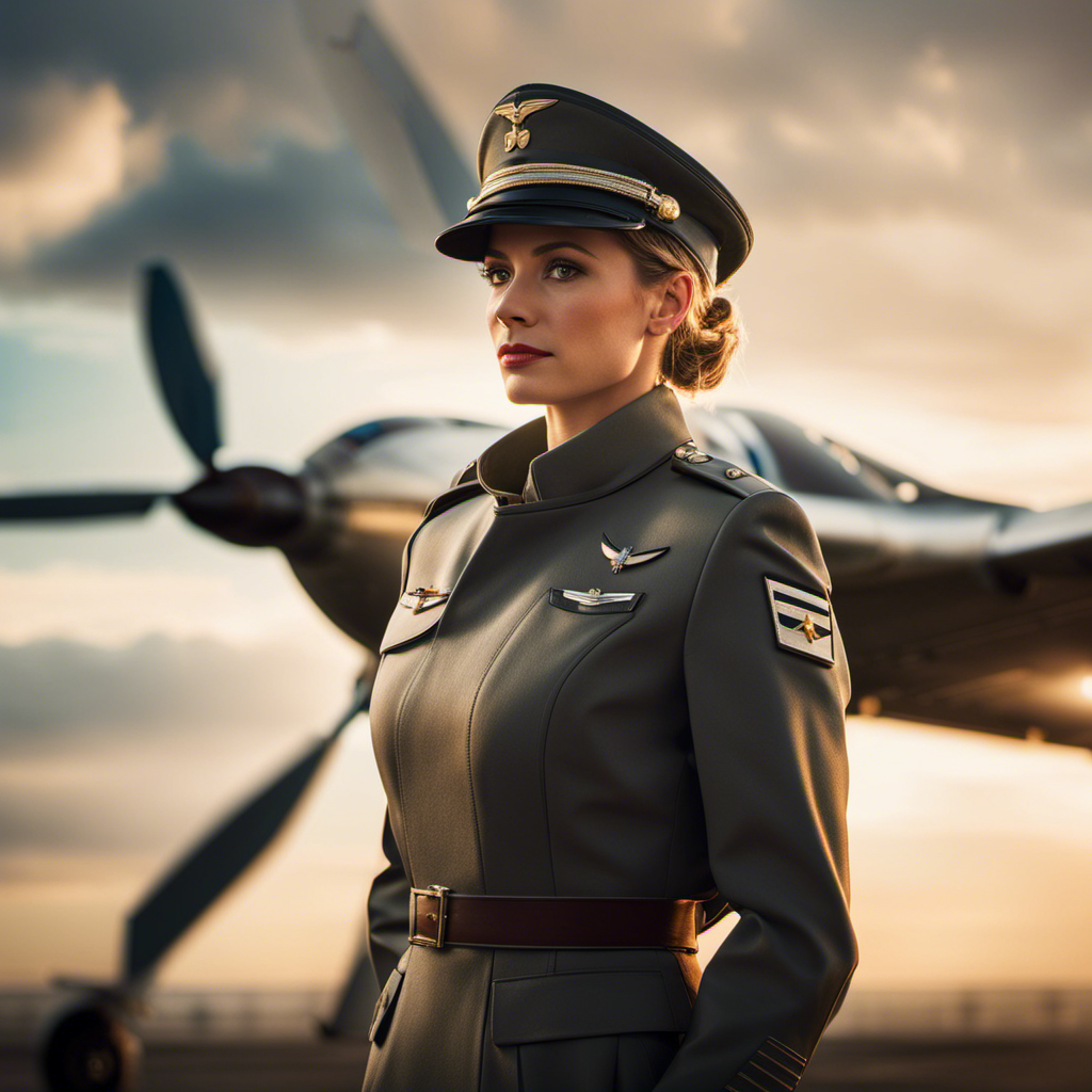 An image of a determined individual clad in a pilot's uniform, standing confidently beside a sleek, gleaming aircraft