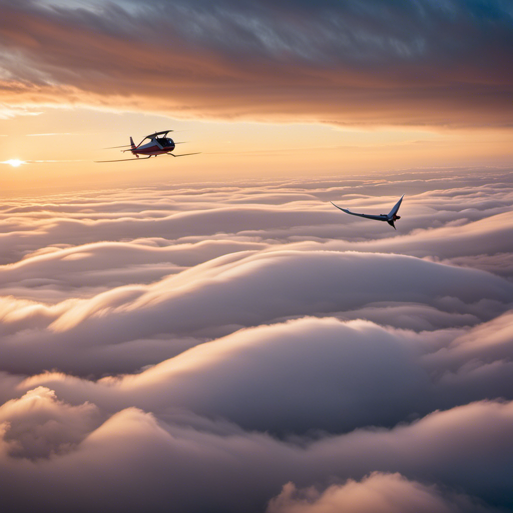 An image showcasing a serene landscape at dawn, with a newbie glider suspended mid-air, their ecstatic face mirroring the joy of soaring through the clouds, capturing the essence of micro gliding's exhilarating freedom