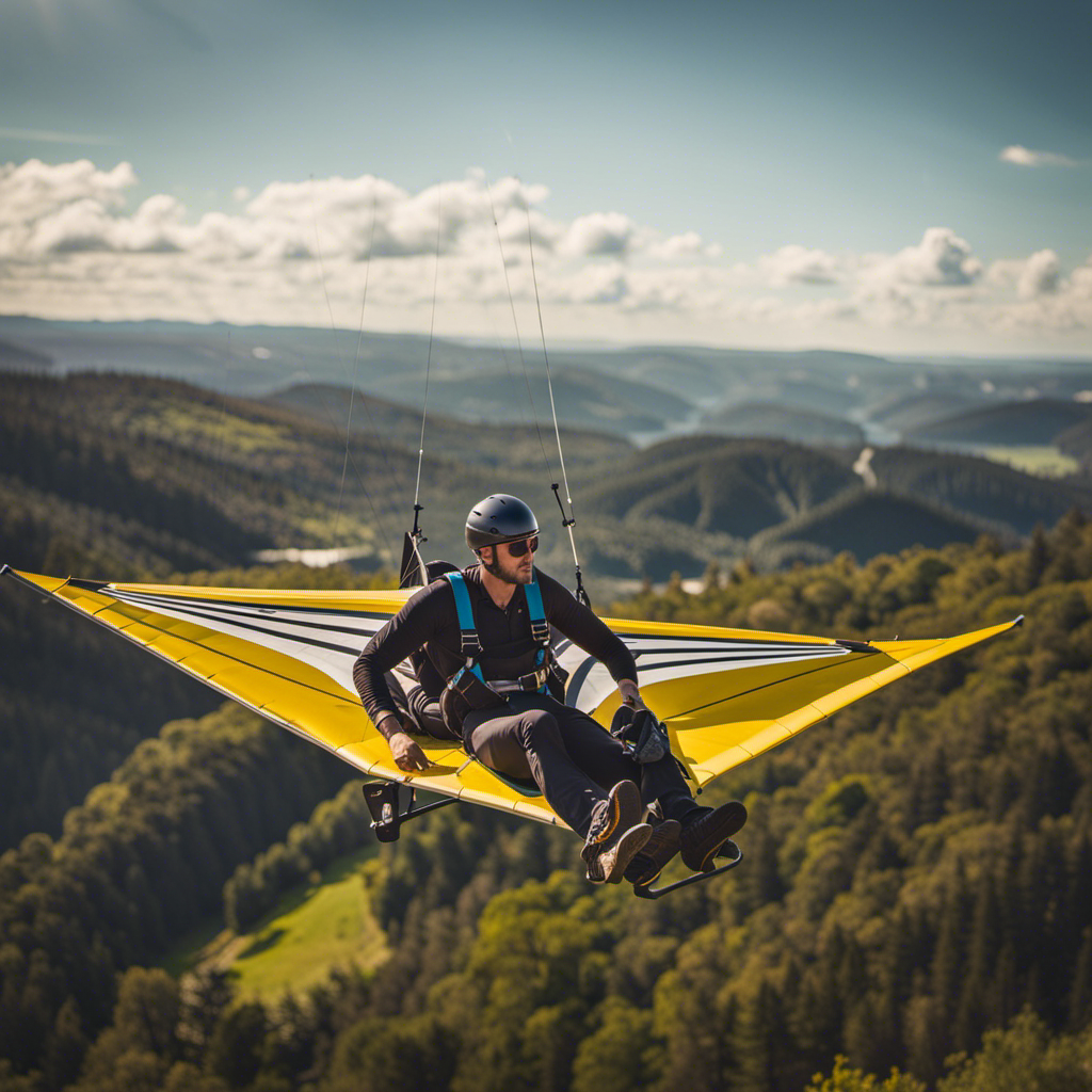 An image capturing the exhilarating experience of soaring through the sky on a mini hang glider, showcasing its sleek, aerodynamic design, vibrant colors, and a thrilled adventurer embracing the freedom of flight