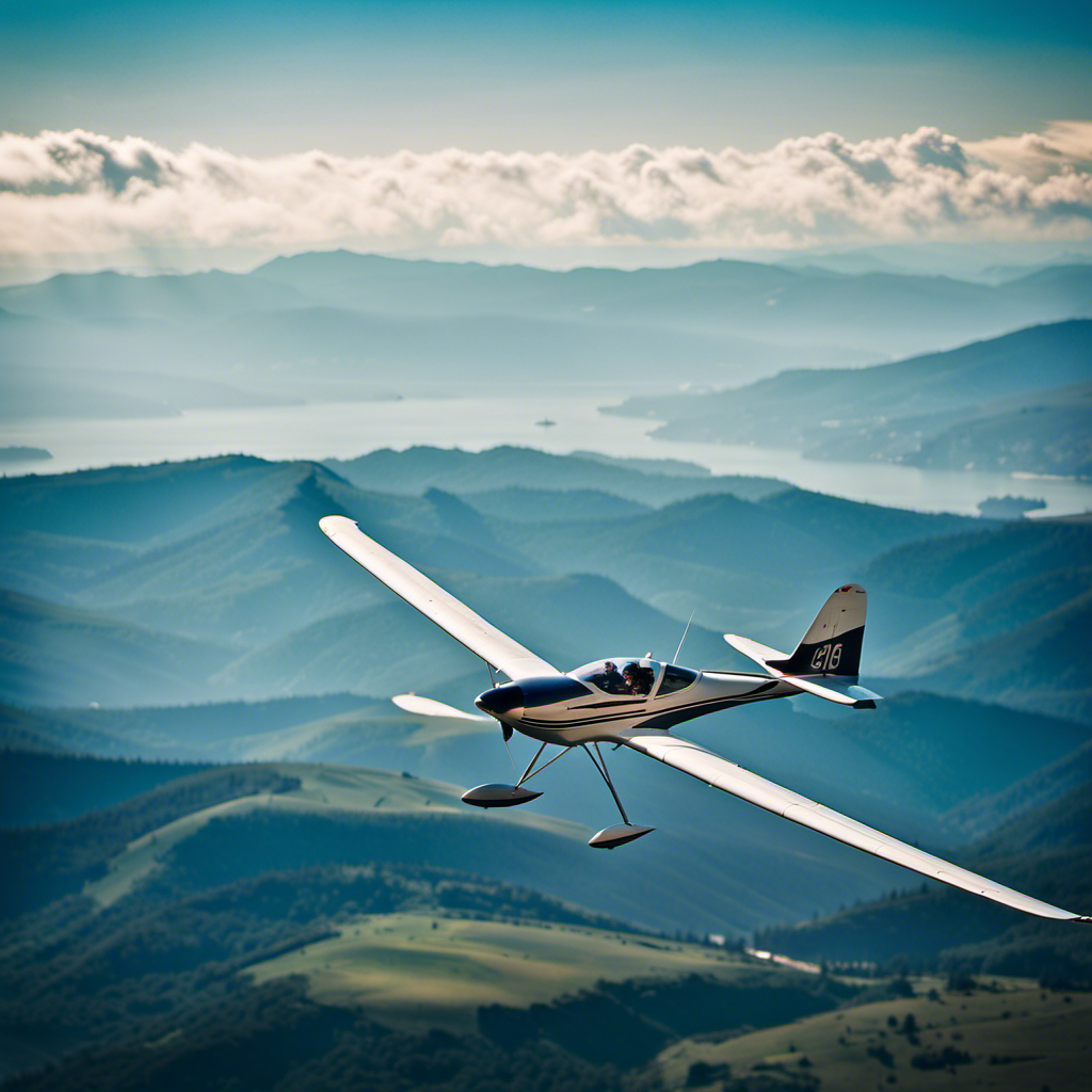 An image showcasing a picturesque aerial view of a motor glider soaring gracefully through clear blue skies, with its sleek design and panoramic windows offering a thrilling perspective of the world below