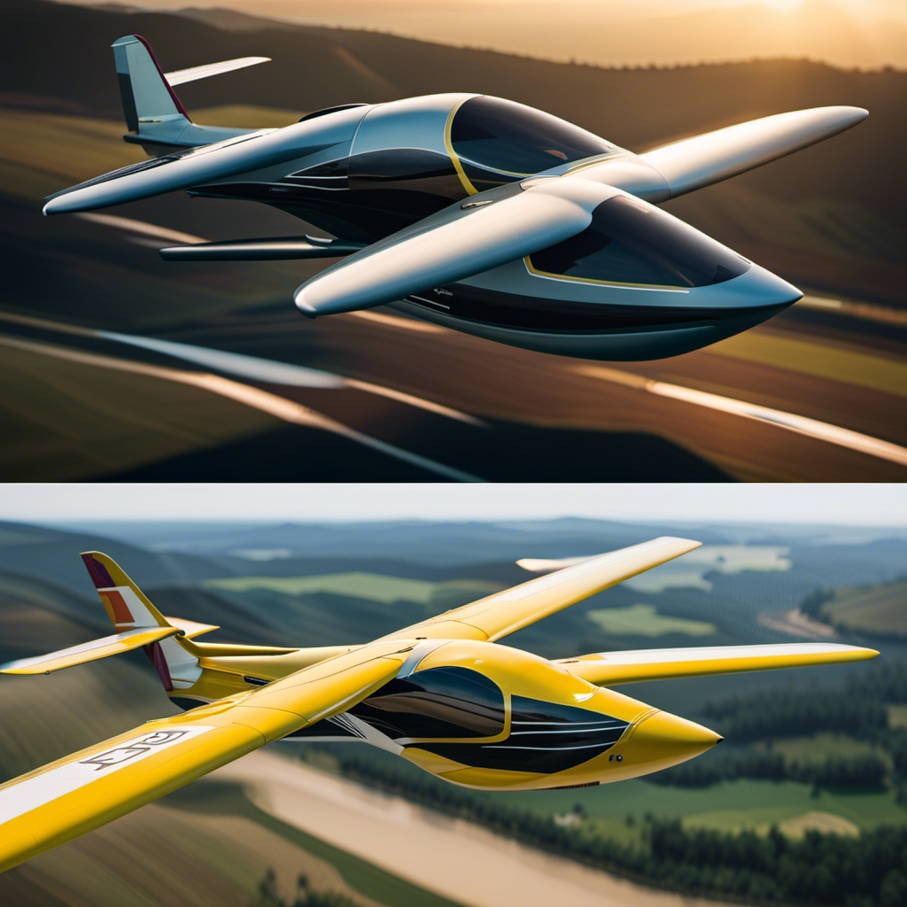 An image showcasing a side-by-side comparison of motor gliders, highlighting their distinct features such as engine power, wing design, cockpit layout, and overall aesthetics, to visually communicate the comprehensive analysis of motor glider prices