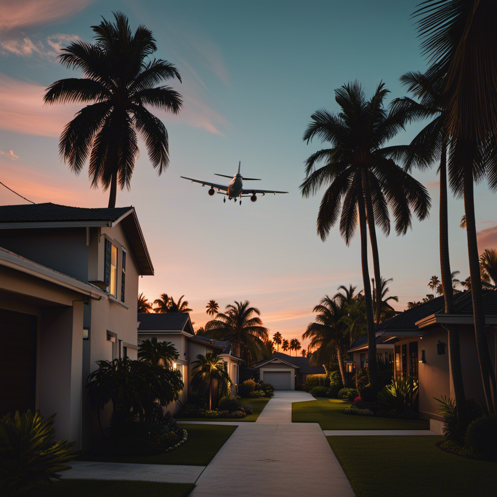 An image showcasing a picturesque neighborhood at dusk, framed by towering palm trees