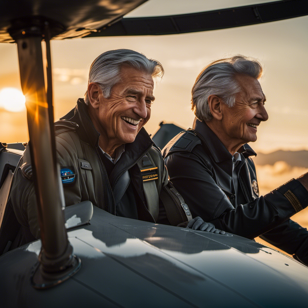 An image depicting a seasoned pilot, grey hair swept back, confidently guiding a young student in the cockpit, both sharing infectious smiles amidst the backdrop of a stunning sunset, challenging the age limit myth