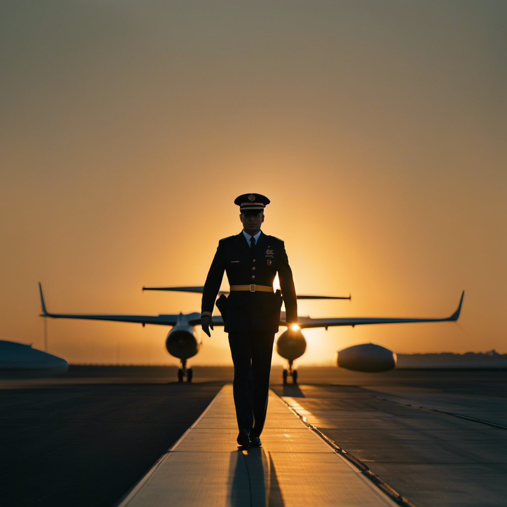 An image capturing the sunrise over a runway, casting a warm golden glow on a row of sleek airplanes