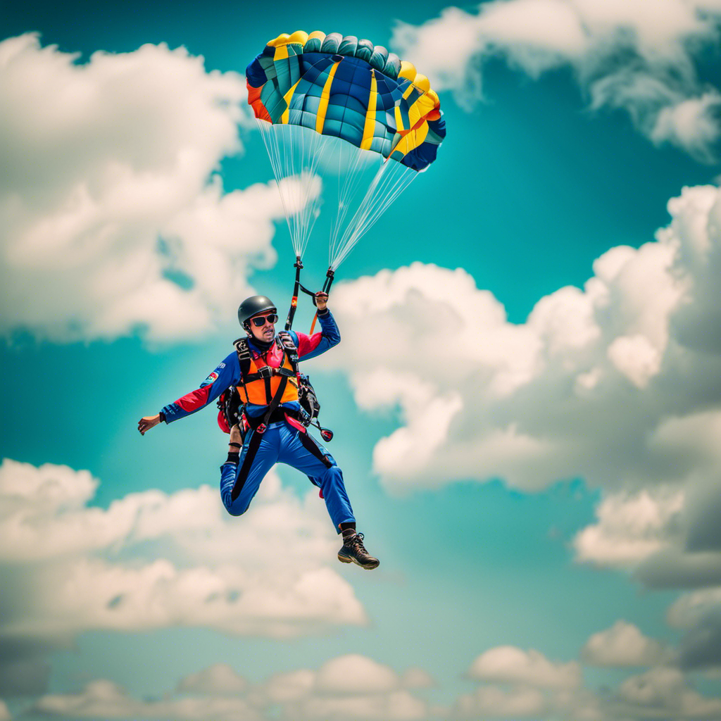 An image capturing the exhilarating moment of a novice parachutist, floating gracefully through the vivid azure sky, adorned in vibrant gear, with the parachute billowing above, as the landscape stretches out beneath them