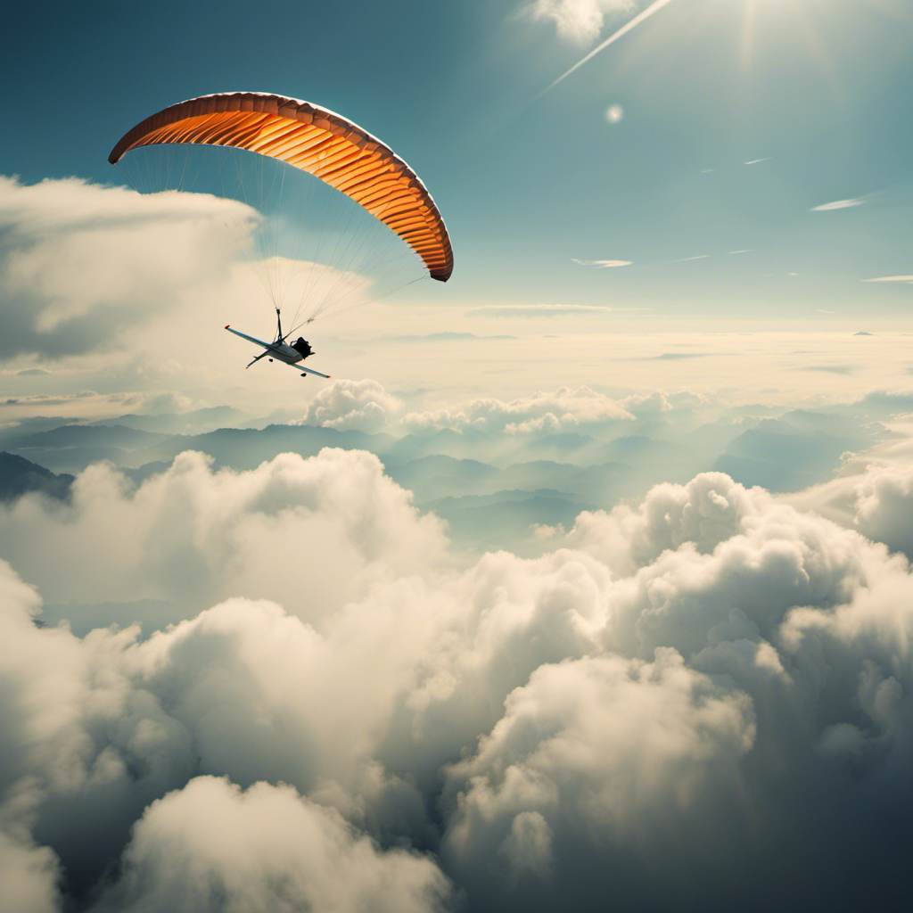 An image showcasing a sleek, aerodynamic parachute motor glider soaring gracefully through a cloud-streaked sky, its wings extended, propeller spinning effortlessly, while the pilot enjoys the breathtaking view from the cockpit