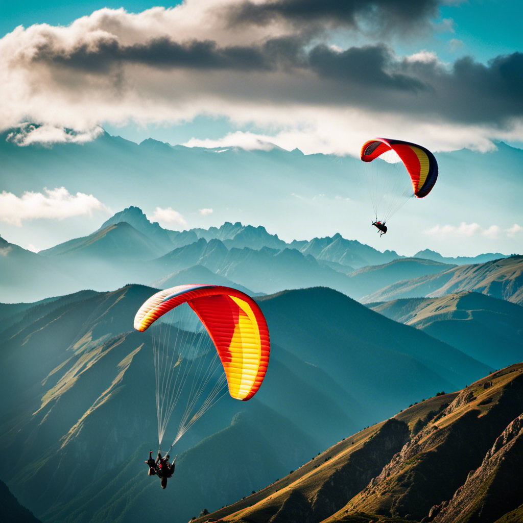 An image showcasing a stunning paraglider, suspended in mid-air against a backdrop of majestic mountains