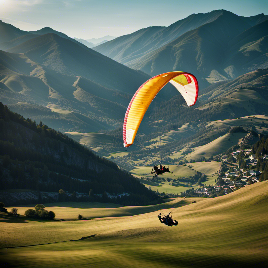 An image featuring a thrilling aerial view of a paraglider and a hang glider soaring side by side against a backdrop of a picturesque mountain range, capturing the exhilaration and freedom of both sports