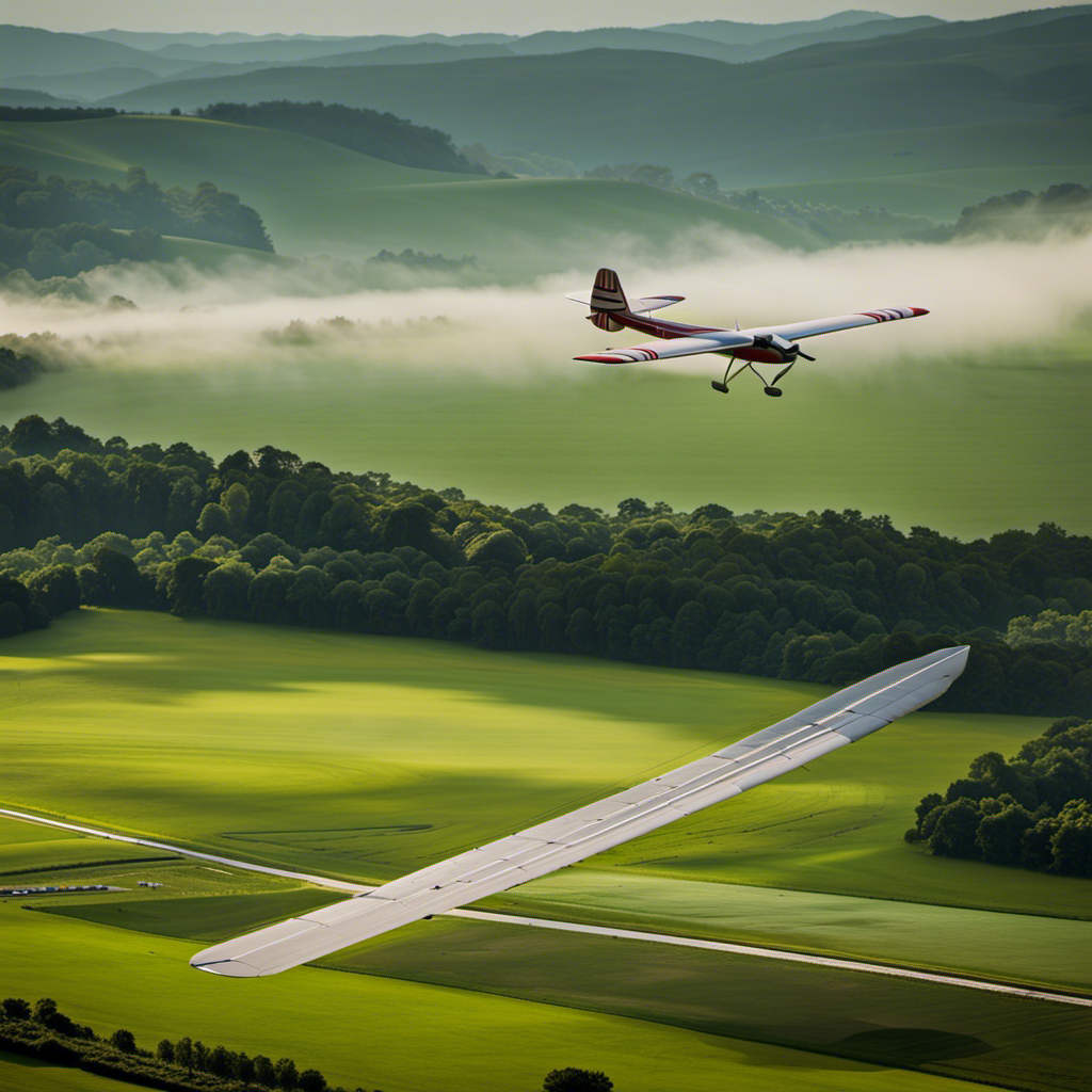 An image capturing the serene beauty of a glider gently descending towards a lush, green landing strip, with the pilot skillfully maneuvering the controls, showcasing the artistry of perfecting glider landing techniques