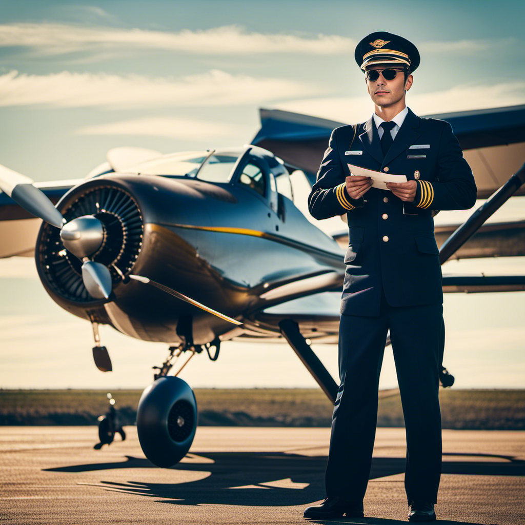 An image showcasing a pilot in a crisp uniform, confidently holding a flight manual, while standing beside a small aircraft with a gleaming propeller under clear blue skies, symbolizing the journey of obtaining pilot licensing