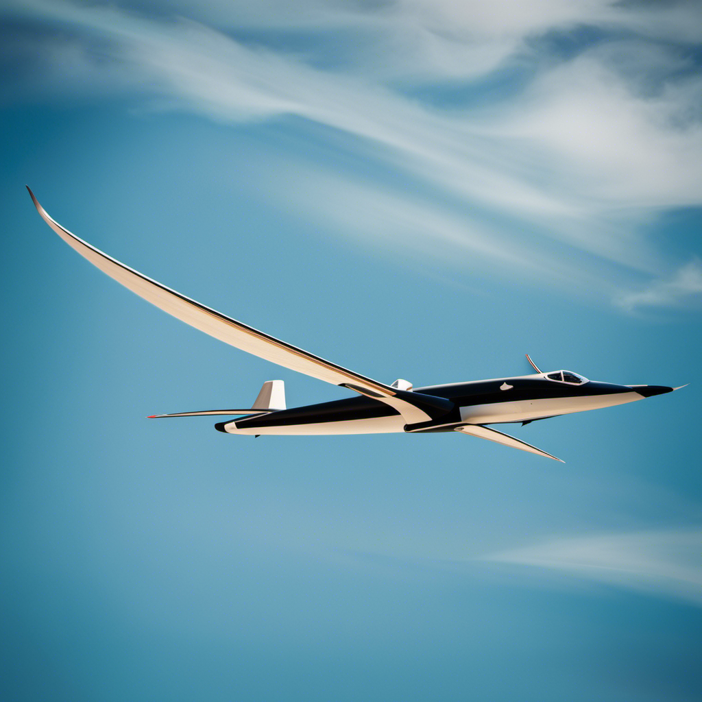 An image showcasing a sleek, aerodynamic glider soaring gracefully through the clear blue sky, its wings elegantly curving, tail fin stabilizing its flight, and pilot skillfully maneuvering the controls
