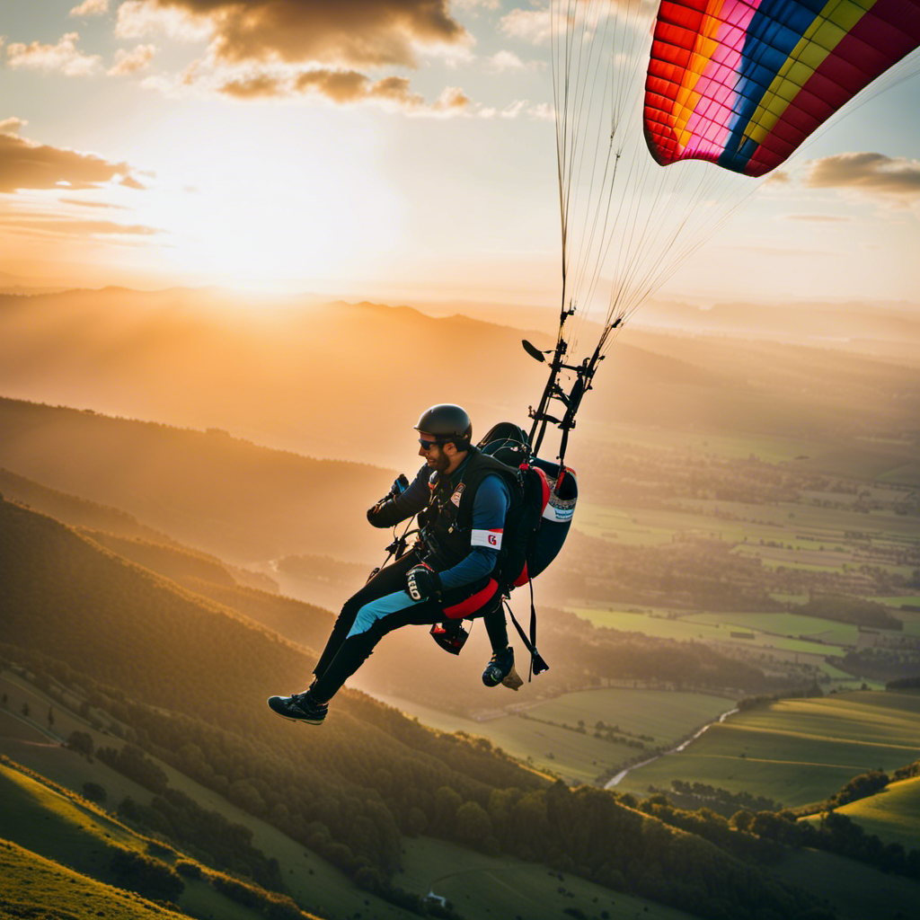 An image capturing the exhilarating essence of power paragliding: a vibrant sunset backdrop illuminating a fearless paraglider soaring through the sky, their colorful wing gracefully slicing through the wind