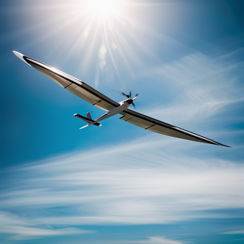 An image showcasing a sleek and aerodynamic powered glider soaring gracefully through a clear blue sky, its wingspan glistening in the sunlight while the pilot, wearing a helmet and goggles, exudes a sense of exhilaration and control