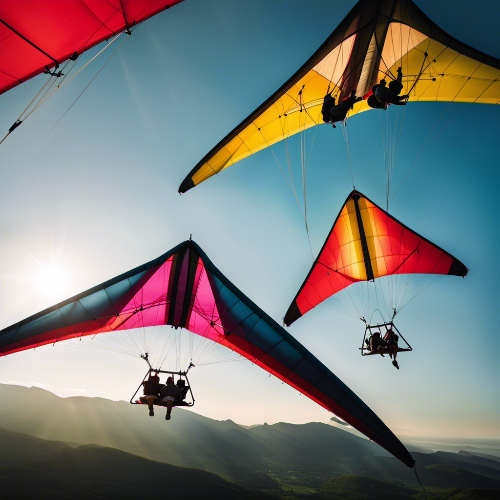 An image showcasing a colorful collage of hang gliders suspended in mid-air at a picturesque sunset backdrop, reflecting the wide price range of powered hang gliders