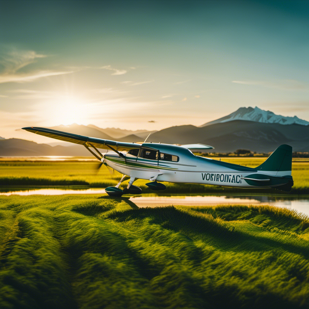 An image showcasing a scenic airfield with vivid green grass, bordered by a shimmering river and towering mountains