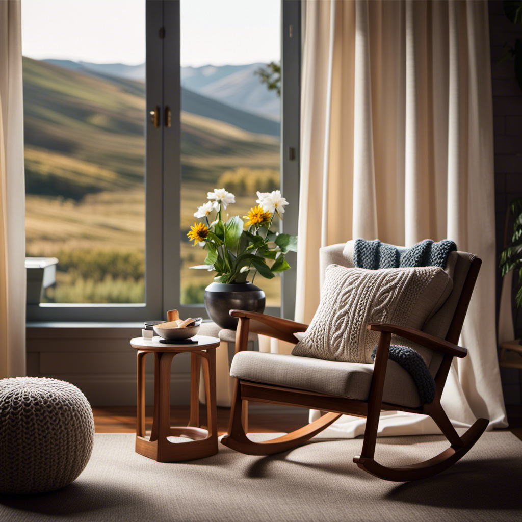 An image showcasing a cozy living room with a budget-friendly glider chair, adorned with soft cushions and a knitted blanket, next to a window overlooking a serene landscape